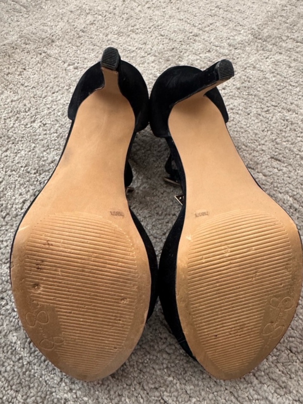Jessica Simpson Black Suede T-Strap High Heel Sandals with Gold Accents. - Picture 4 of 8